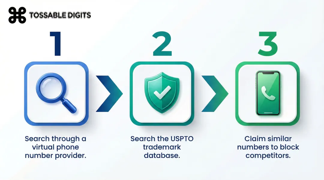 Three-step vanity phone number selection and registration process flow diagram