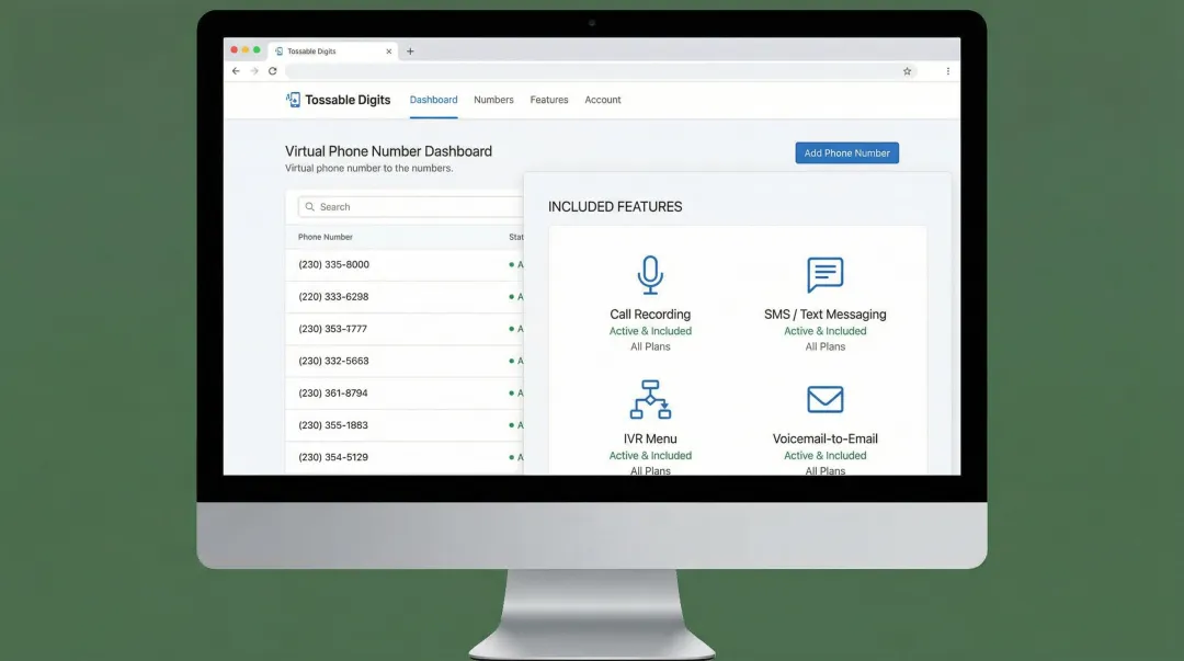 Tossable Digits virtual phone number dashboard showing features and call management