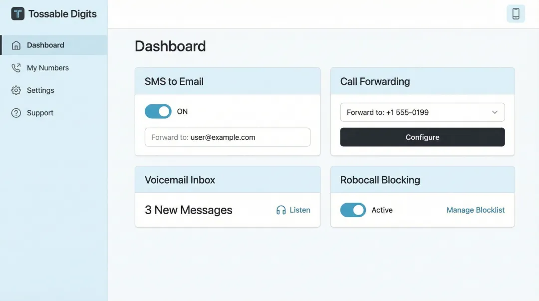 Tossable Digits virtual number dashboard displaying SMS forwarding call settings and voicemail features