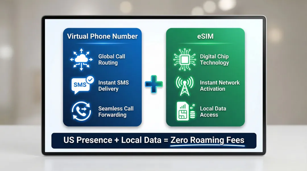 Virtual phone number versus eSIM complementary roles explained side-by-side diagram