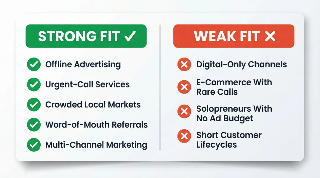 Vanity phone number strong fit versus weak fit business type comparison chart