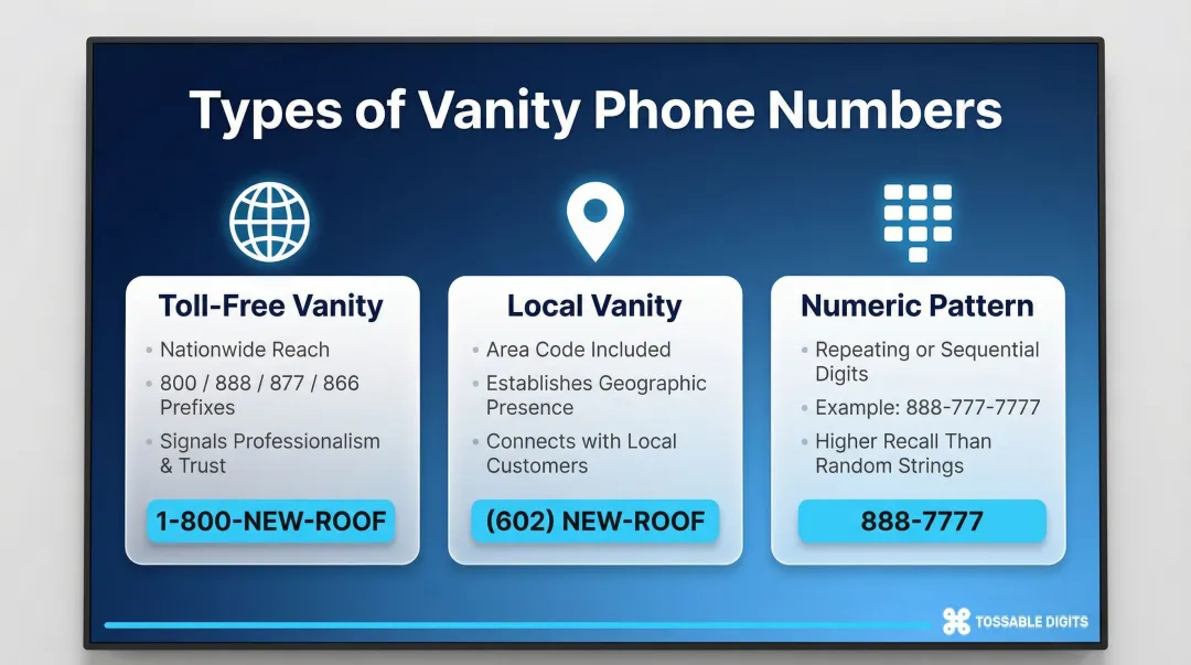 Three types of vanity phone numbers comparison infographic for small businesses