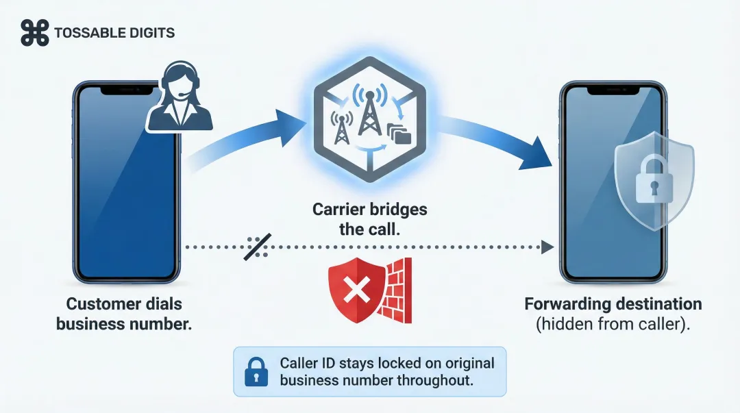 Two-leg call forwarding architecture diagram showing caller and carrier routing
