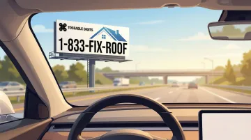 Driver glancing at roadside billboard displaying memorable toll-free vanity phone number