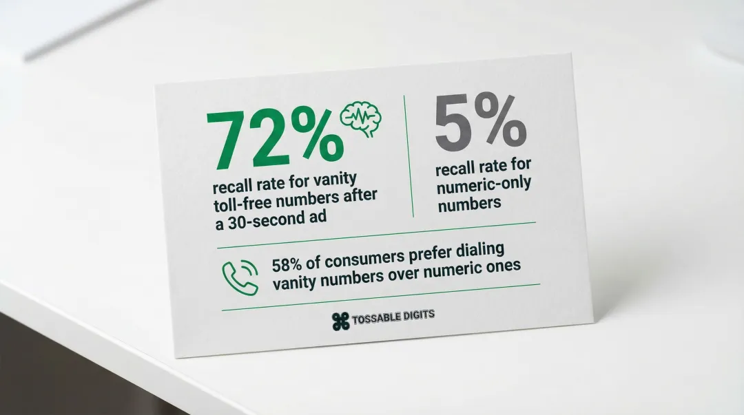 Vanity toll-free number recall rate 72 percent versus numeric numbers 5 percent statistics infographic