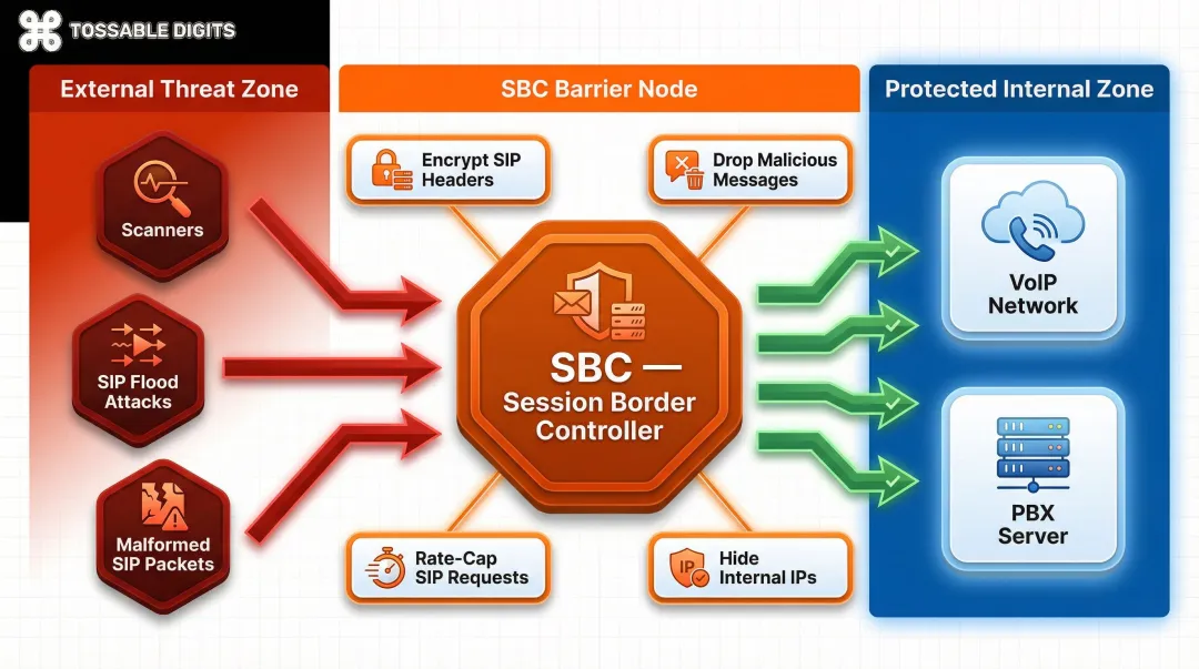 Session Border Controller SBC security functions and VoIP network perimeter defense diagram