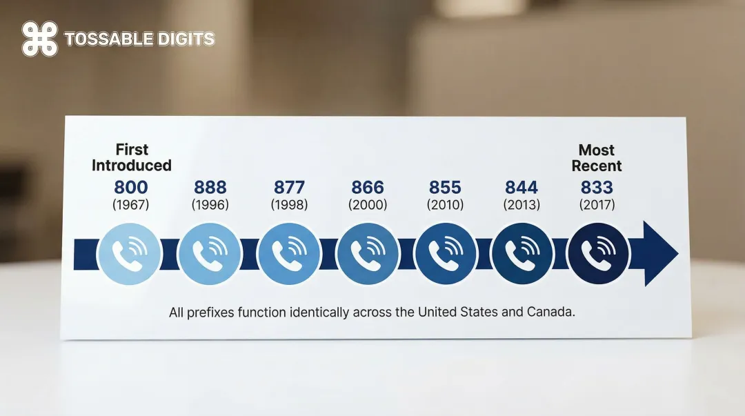 Seven NANP toll-free prefix codes timeline from 1967 to 2017