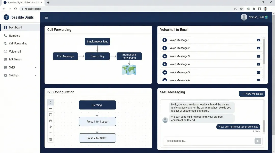 Tossable Digits virtual phone number dashboard showing call forwarding and voicemail features