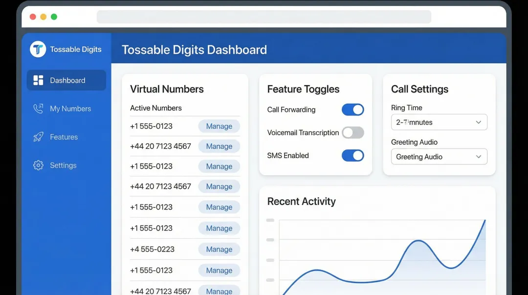 Tossable Digits virtual phone number dashboard showing features and number management interface