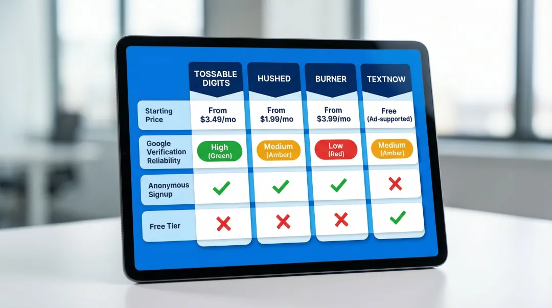 Virtual phone number services comparison chart for Google SMS verification reliability