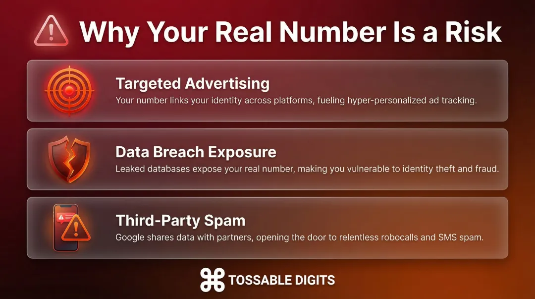 Three privacy risks of sharing personal phone number with Google infographic