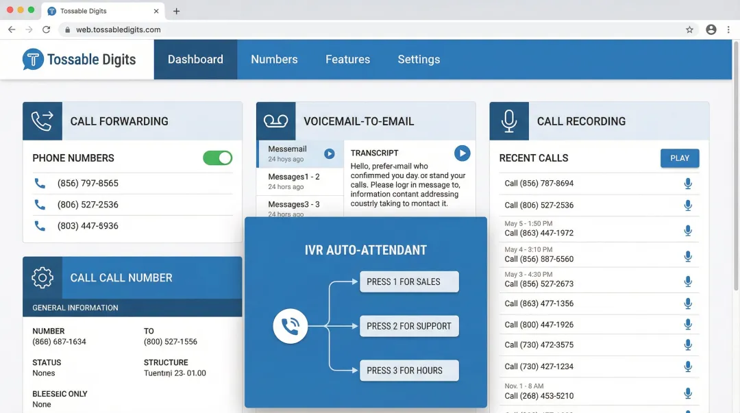 Tossable Digits service features dashboard showing call forwarding and voicemail options