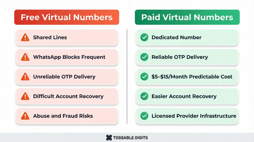 Free versus paid virtual number WhatsApp comparison showing key trade-offs