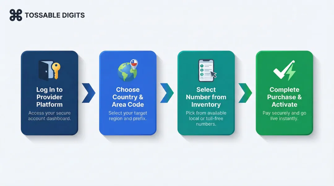 4-step virtual phone number purchase and activation process flow infographic