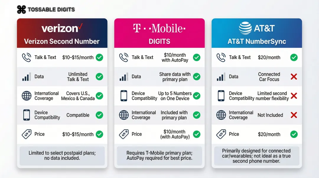 Verizon T-Mobile and AT-T second phone line pricing comparison chart 2026