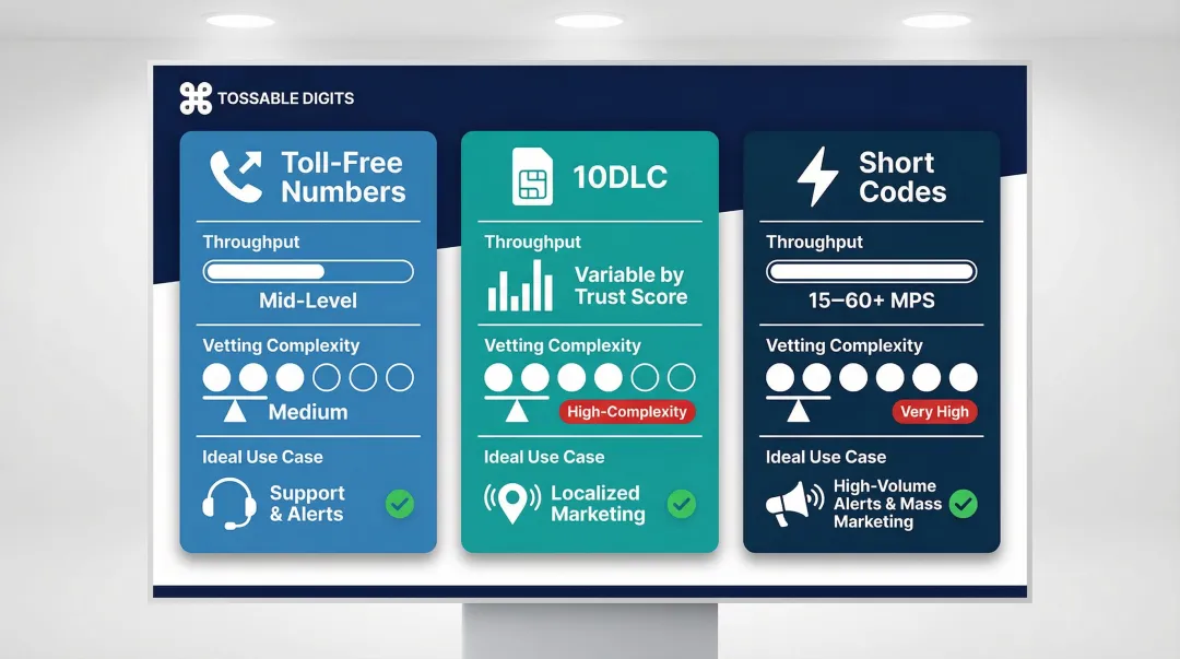 Toll-free number versus 10DLC versus short code SMS channel comparison infographic