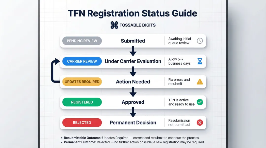 TFN SMS registration status lifecycle from pending review to registered or rejected