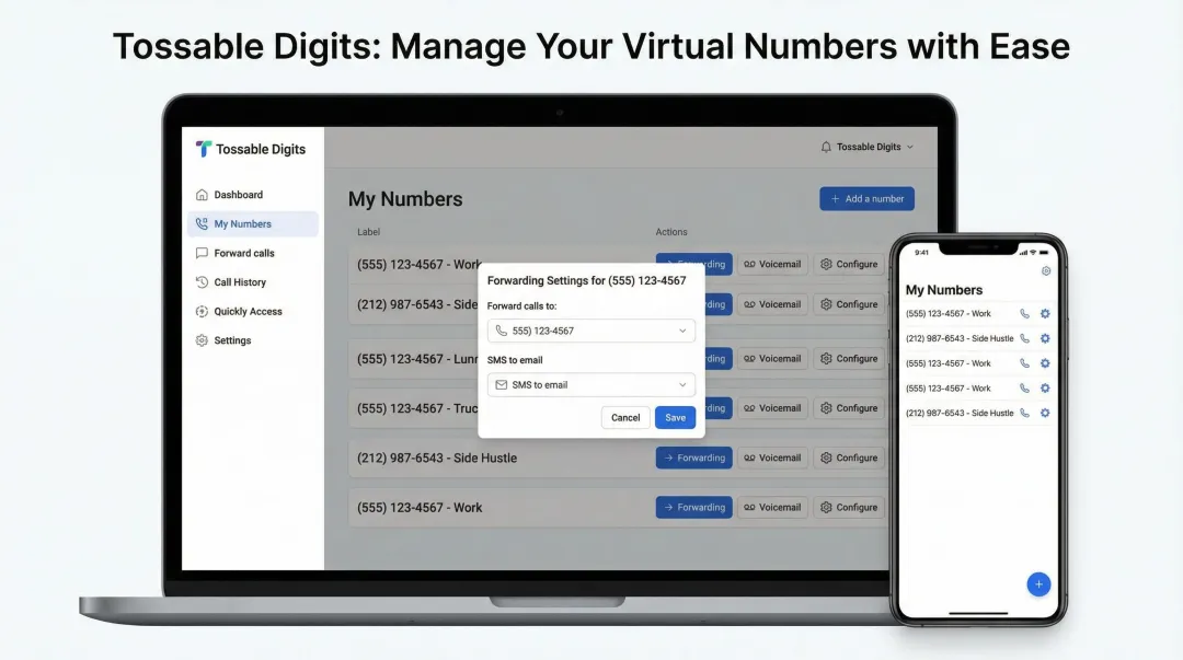 Tossable Digits virtual phone number app dashboard managing call forwarding settings