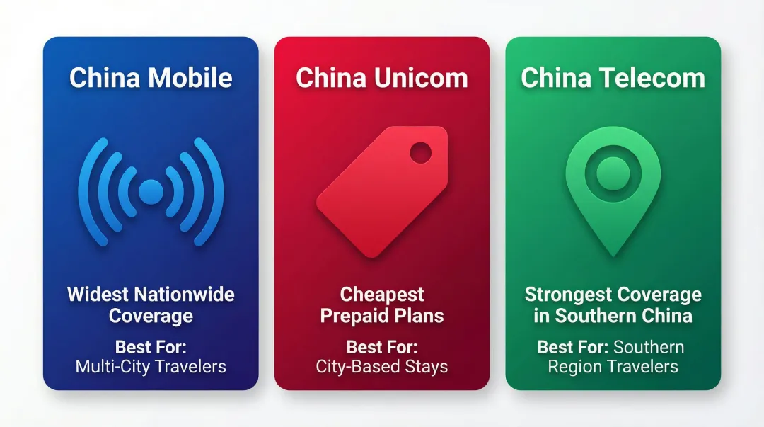 Three Chinese carrier comparison chart for QQ registration coverage and cost