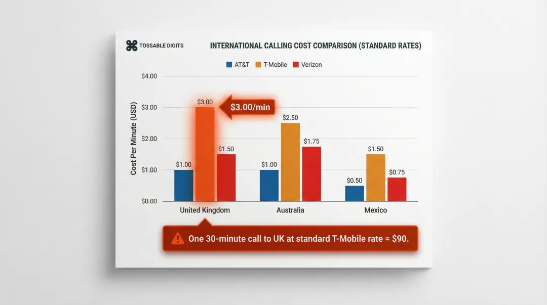 Carrier international call forwarding cost comparison showing per-minute rates by destination country