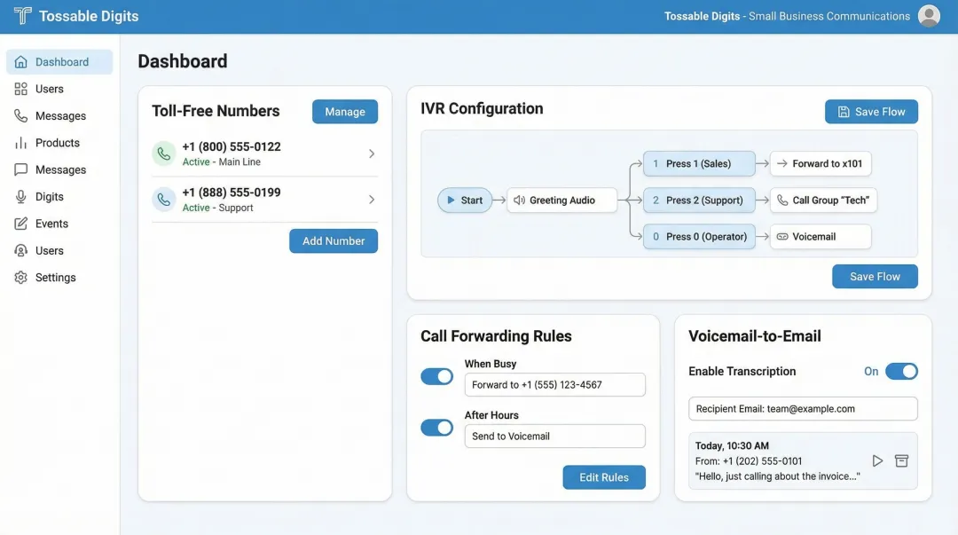 Tossable Digits virtual phone dashboard showing toll-free number management and IVR features