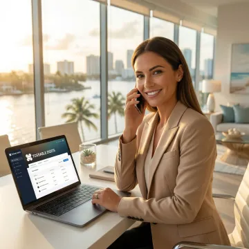 Business professional using VoIP phone system on smartphone in modern Fort Lauderdale office