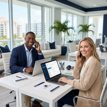 Small business team in Fort Lauderdale office using VoIP phone service on mobile devices