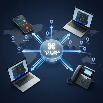 Digital illustration of call routing network connecting business phone number to multiple global destinations