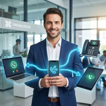 Professional using smartphone with call forwarding icon overlay showing incoming calls routing to multiple devices