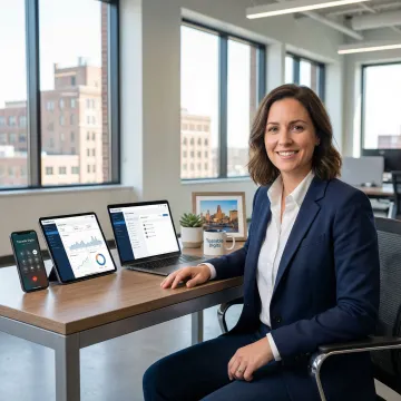 Business professional using cloud VoIP system on multiple devices