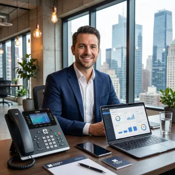 Small business owner in New York using VoIP phone system on laptop and smartphone