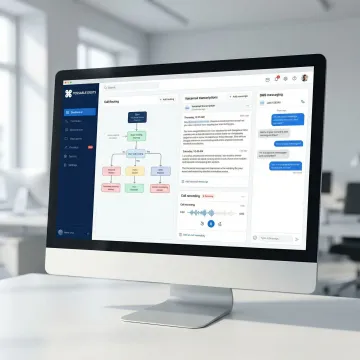 Business dashboard showing VoIP call management features including IVR, voicemail, and SMS interface