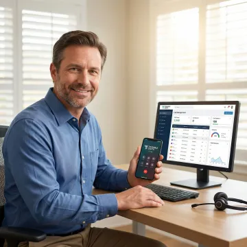 Business professional in Louisiana managing calls on VoIP system during busy workday