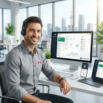 Canadian business professional using VoIP phone system on laptop and smartphone