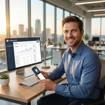 Business professional using VoIP phone system in modern Fort Worth office