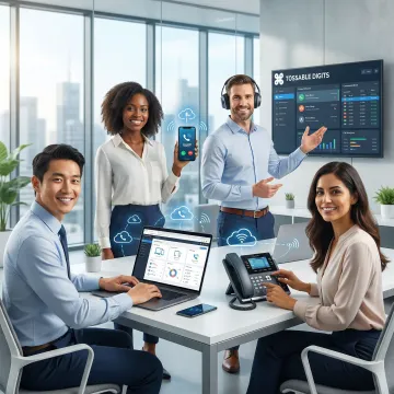 Business team collaborating with cloud VoIP communication system