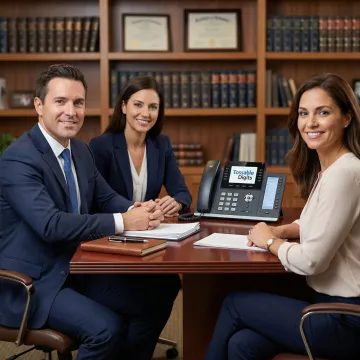 Professional law firm office with visible phone system and legal team in background