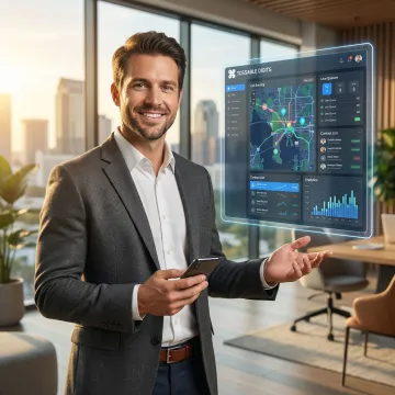 Professional businessperson using smartphone with virtual phone system interface