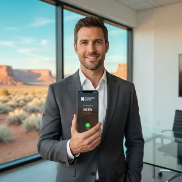 Professional using smartphone with New Mexico virtual phone number displaying Albuquerque area code