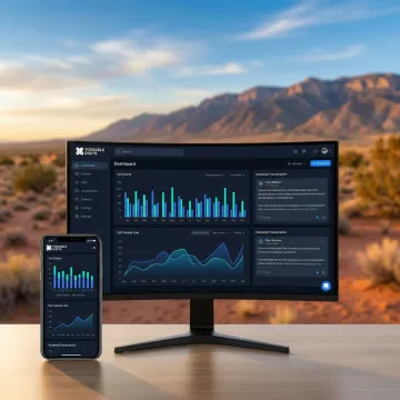 Split-screen showing New Mexico landscape and modern business dashboard interface