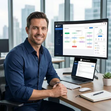 Business owner configuring cloud phone system settings on laptop