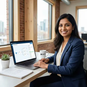 Canadian business professional reviewing call forwarding dashboard on laptop