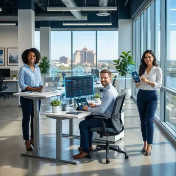 Modern business office using cloud VoIP phone system with multiple devices