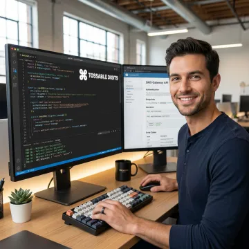 Developer implementing SMS API integration with code editor and testing console