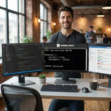 Developer reviewing SMS API documentation on multiple screens with code samples
