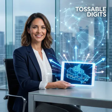 Business professional using smartphone with Canadian flag and global connectivity icons