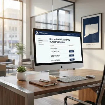 Business professional reviewing Connecticut 203 area code vanity phone numbers on computer screen