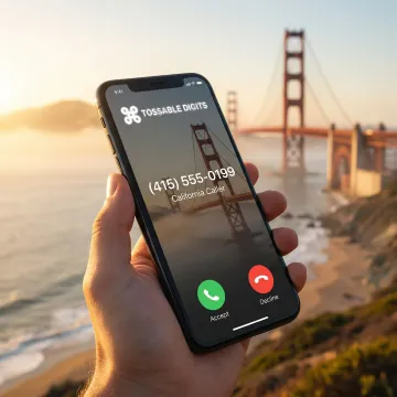 California virtual phone number on smartphone with Golden Gate Bridge background