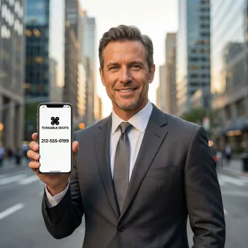 Business professional using smartphone with 212 vanity number displayed