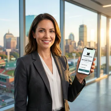 Boston skyline with mobile phone displaying virtual number interface